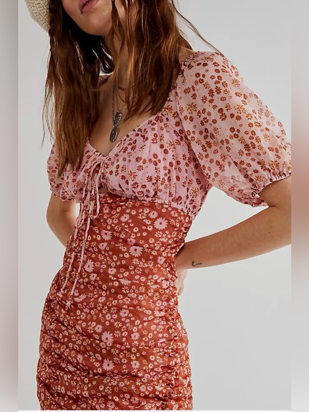 NWOT Free People Tessa Floral Ruched Mini Dress small - Picture 2 of 6
